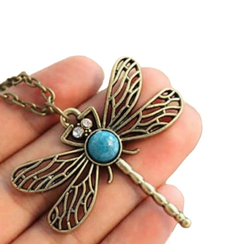 DRAGONFLY Long Chain Bronze Turquoise Sweater Necklace Retro Boho Hippie - Picture 6 of 11